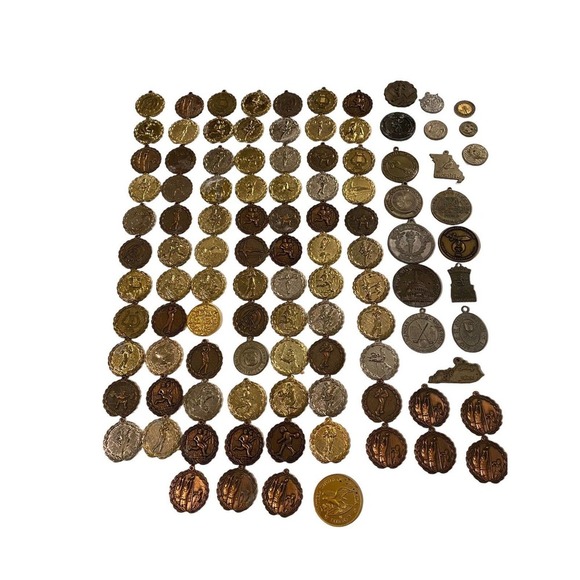 HUGE Vtg Lot Sports 100+ Medals Awards All Metal Sports Track Volleyball Archery - Picture 1 of 16